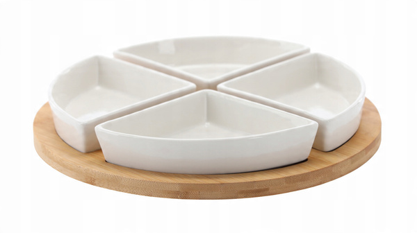 SADA NA SERVÍROVANIE PREDĹH - 4 PORCELÁNOVÉ MISY S KULATÝM BAMBUSOVÝM PODNOSOM 30x4CM *7286