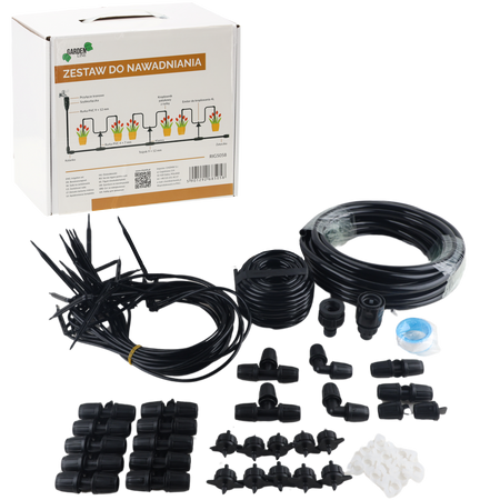 IRRIGATION SYSTEM KIT INCLUDING: 1x TAP ADAPTOR, 1x PCV IRRIGATION HOSE 9*12MM/15M , 1x PCV IRRIGATION 4X7MM/10M, 3xDRIP 9X12MM, 2x STRAIGHT CONNECTOR, 1x TEFFLON TAPLE, 1x QUICK CONNECTOR, 10x REDUCER TEE 9X12MM-4X7MM, 10x DRIP ARROW, 10x DRIP, 20x CLIP