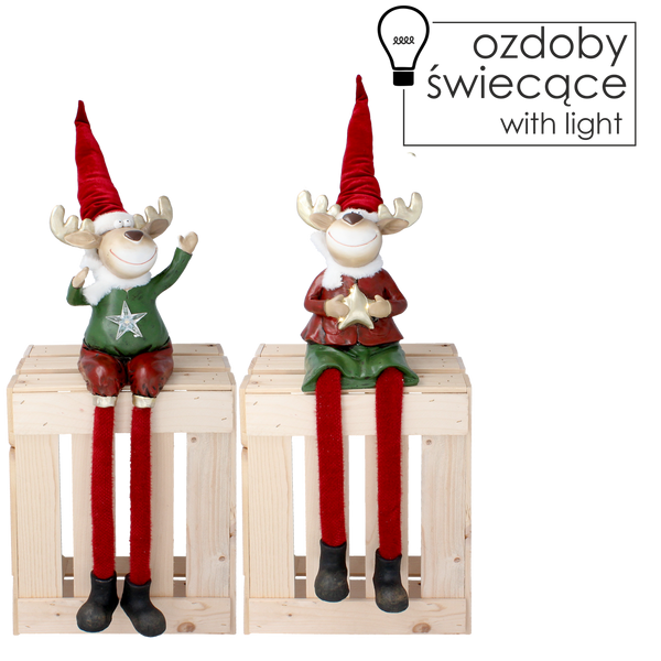 FIGURKA BOŻONAR. - RENIFER SIEDZĄCY CHŁOPCZYK / DZIEWCZYNKA Z WISZĄCYMI NOGAMI 60CM LED opak=1szt *1603