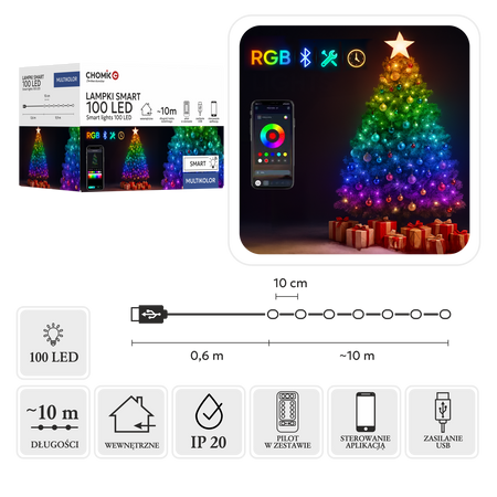 LAMPKI SMART LED 100L MULTIKOLOR, USB, Z PILOTEM, DŁ. 10 + 0,6 M *8233