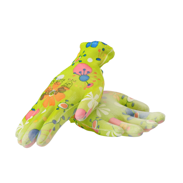 Mănuși de protecție "7" tricotate cu model floral din poliester acoperite cu poliuretan ambalaj=12 buc *6935