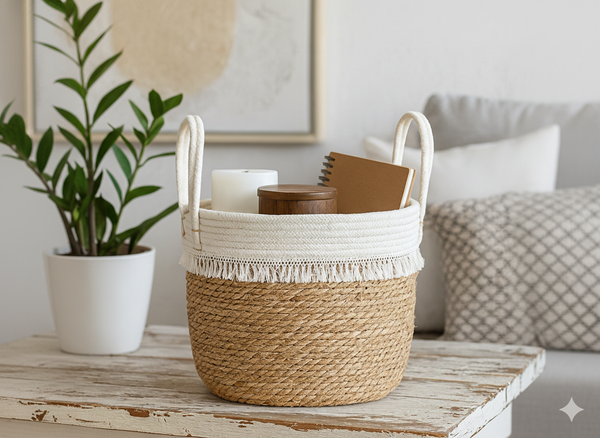 VYPLETENÝ KOŠ 37 x 31 x 32/44 CM Z MORSKEJ TRÁVY S TŘÁSENIAMI *9227