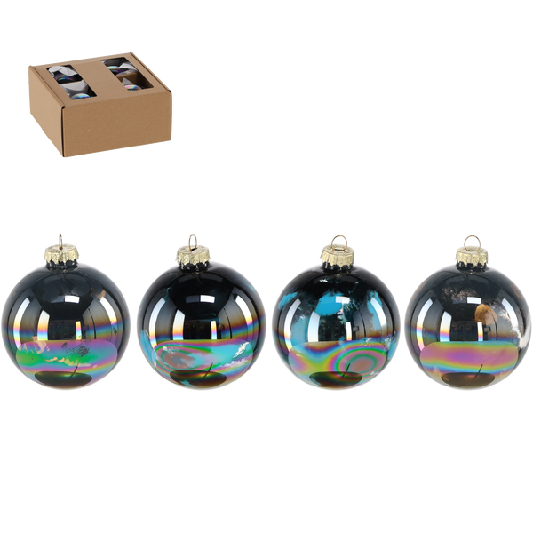 SET OF 4 GLASS BAUBLES 8 CM WITH OIL EFFECT