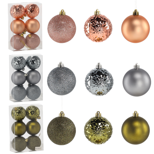 SET OF 6 BAUBLES 7 CM OLIVE/COPPER/GRAPHITE MIX DESIGNS