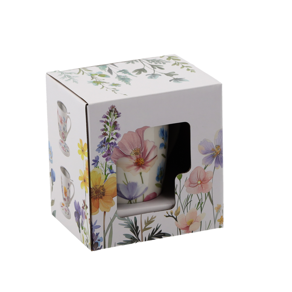 KUBEK PORCELANOWY Z ZAPARZACZEM I POKRYWKĄ 340 ML MIX KWIATOWYCH WZORÓW *1902