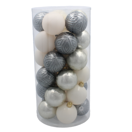 SET OF 30 ORNAMENTS 6 CM  IN TUBE CHAMPAGNE/GRAY/WHITE