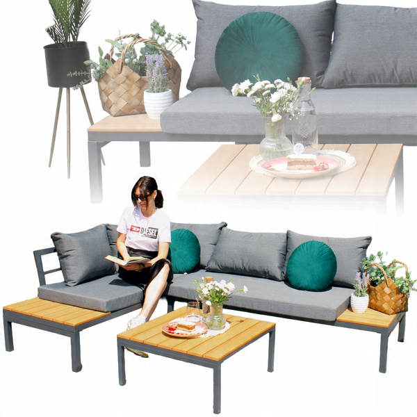 ZESTAW MEBLI ALUMINIOWYCH ( SOFA NAROŻNA + STOLIK ) SZARY + SZARE PODUSZKI *8137