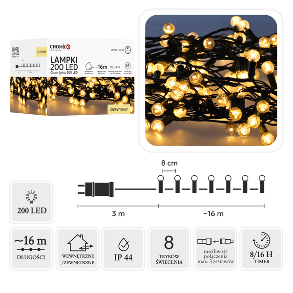 LED SVÍTILKY Třešňový míč 200L teplá bílá, d. 3 + 16 m *9966