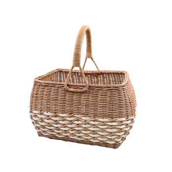KOSZYK RATTANOWY 30/36 x 22/26 x 21/36 CM Z UCHWYTEM - NATURALNY Z BIAŁYM *8727