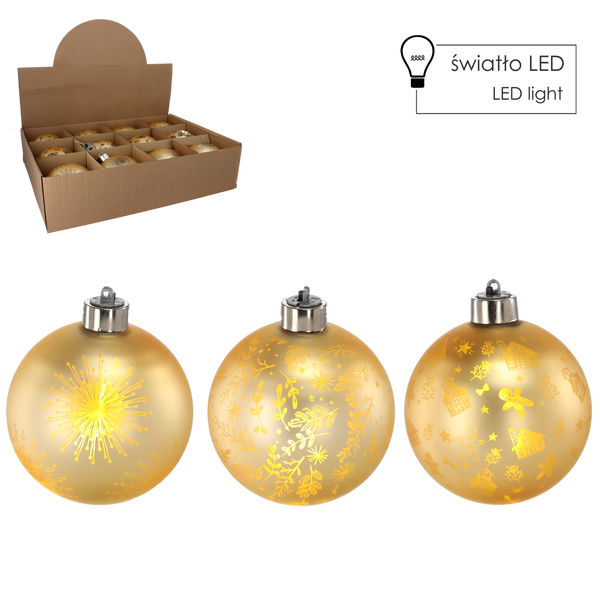 BOMBKA SZKLANA - ZŁOTA 10 CM LED MIX WZORÓW disp=12szt *4532