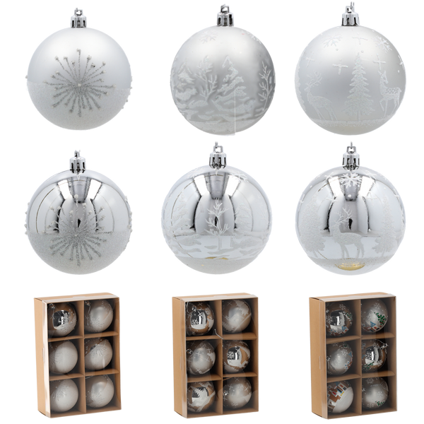 SET OF 6 CHRISTMAS BAUBLES SILVER 8 CM