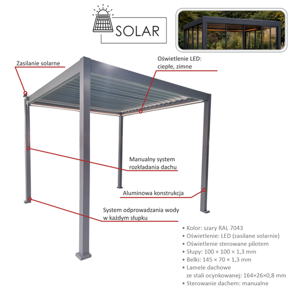 PERGOLA OGRODOWA ALUMINIOWA SZARA LED 3 x 4 x 2,5 M