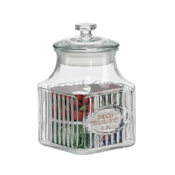 GLASS JAR SQUARE 1.3 L DECORATED WITH GLASS LID