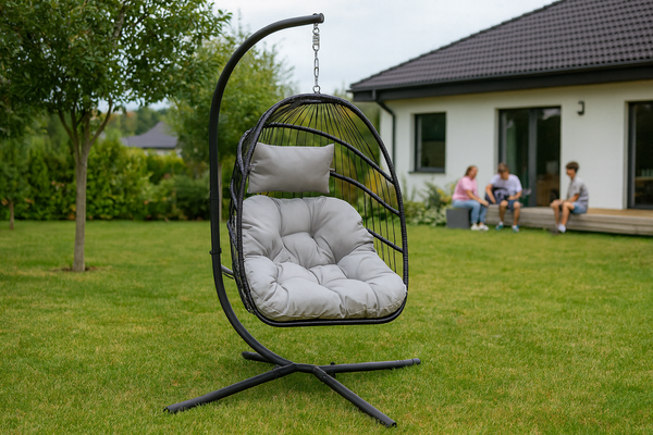 FOTEL WISZĄCY HAGE - SZARY, CIEMNO SZARA PODUSZKA, CZARNA RAMA *9972