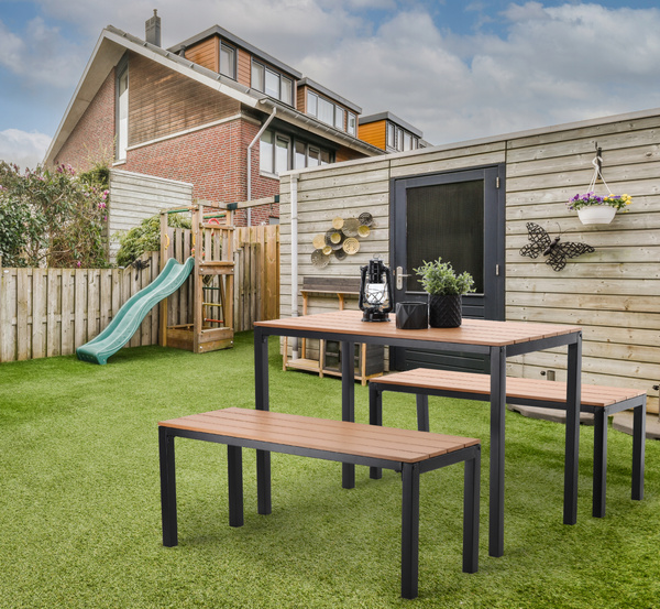 GARDEN FURNITURE SET TABLE 110 X 58.5 X 75.5 CM + 2 BENCHES 110 X 39 X 45 CM BROWN