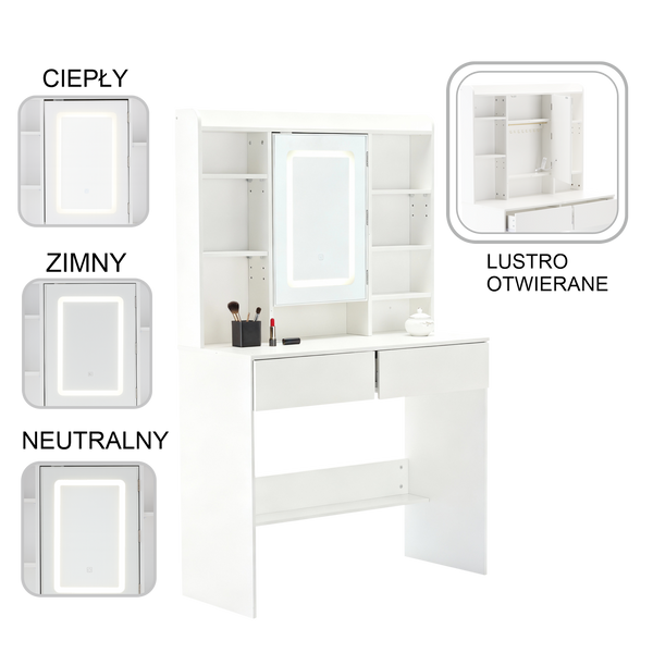 TOALETĂ COSMETICĂ ALBĂ CU Oglindă LED ȘI RAFT PENTRU BIJUTERII *2282