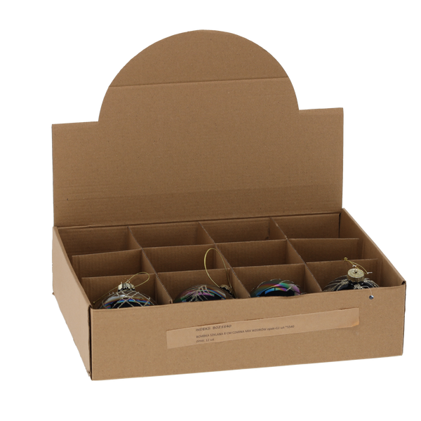 SKLENĚNÁ BAUBLE - ČERNÝ LESK MIX VZORŮ 8 CM disp=12ks *1907