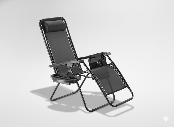 LEŻAK OGRODOWY SKŁADANY Z PODSTAWKĄ, KIESZONKĄ I ZAGŁÓWKIEM CZARNY