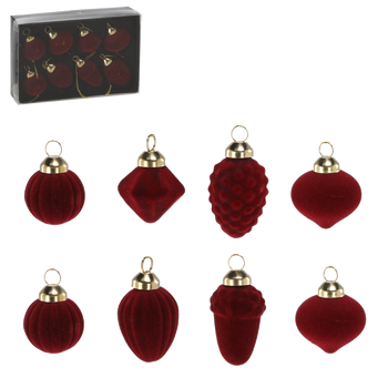 SET OF 8 GLASS CHRISTMAS TREE DECORATIONS - BURGUNDY