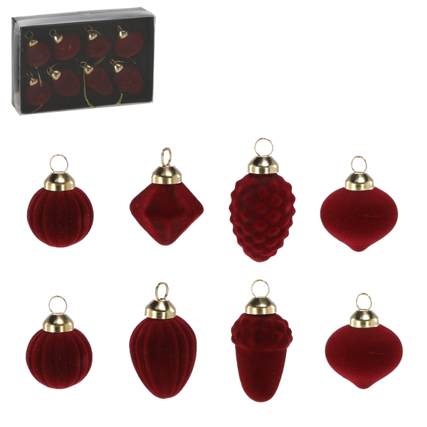  SET OF 8 GLASS CHRISTMAS TREE DECORATIONS - BURGUNDY
