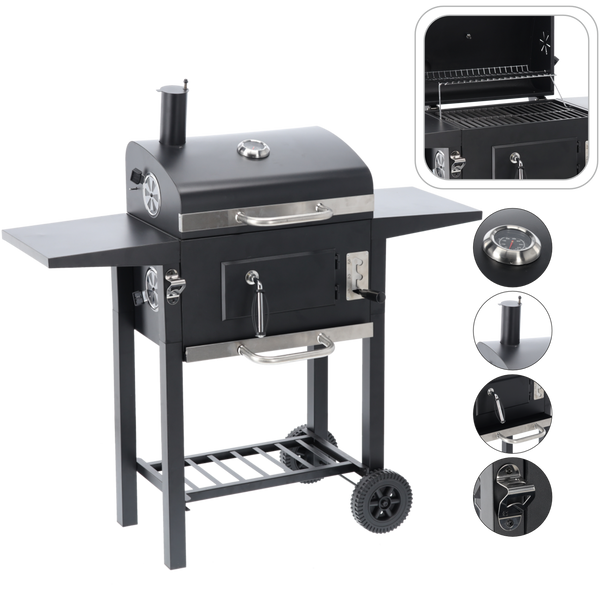 GRIL NA UHLIE "INFERNO" S POKRÝVKOU, LIATINOVÝM ROŠTOM A KOLIESKAMI 109 x 46 x 106,5 CM
