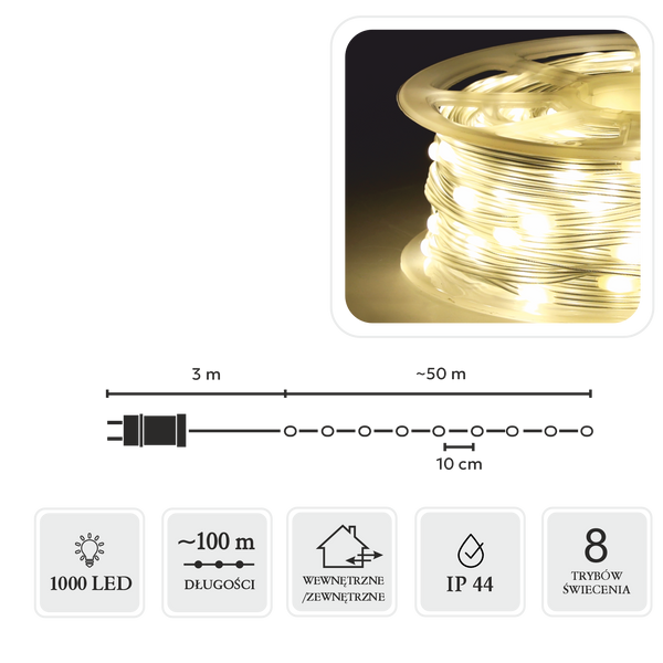 LAMPKI LED MICRO NA SZPULI 1000L CIEPŁY BIAŁY, DŁ. 3 + 100 M *8554