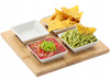 SET PENTRU SERVIREA APERITIVURILOR - 4 BOLURI PATRATICE DIN PORȚELAN CU TABLA DIN BAMBU 22x22x3,5CM *7279