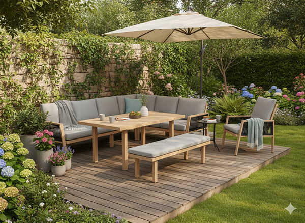 ZESTAW MEBLI ALUMINIOWYCH "OTTAWA" (SOFA NAROŻNA + ŁAWKA + STOLIK) BRĄZOWY + SZARE PODUSZKI