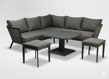 ZESTAW MEBLI ALUMINIOWYCH "TALLINN" (SOFA NAROŻNA + 2 PUFY + STOLIK Z REGULOWANĄ WYS.) SZARY + SZARE PODUSZKI