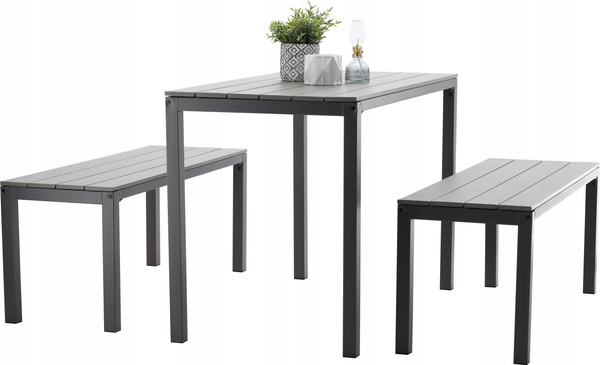 ZESTAW MEBLI OGRODOWYCH STÓŁ 110 x 58.5 x 75.5 CM + 2 ŁAWKI 110 x 39 x 45 CM SZARY