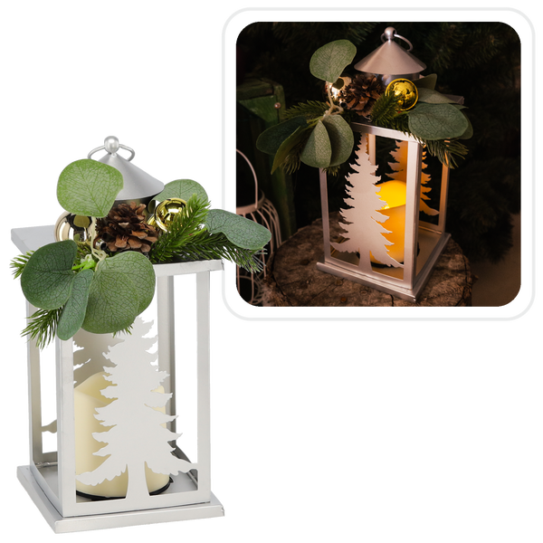 LANTERNĂ DE SĂRBĂTORE 12,5 x 12,5 x 30,5 CM LED METALIC ARGINTIU CU DECORAȚIUNE *0870