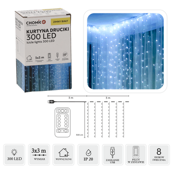 ZÁVESNÉ LED ZLATÉ DRÔTENKY 300L STUDENÝ BIELY, 3 x 3 M, USB, S DIAĽKOVÝM OVLÁDAČOM *0009