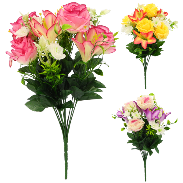 RAMĂ ARTIFICIALĂ - BUCHET DE ROSE ȘI LILIAC 43 x 25 x 25 CM MIX DE CULORI amb=18 buc *3147