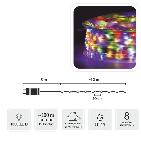 LAMPKI LED MICRO NA SZPULI 1000L MULTIKOLOR, DŁ. 3 + 100 M *8578