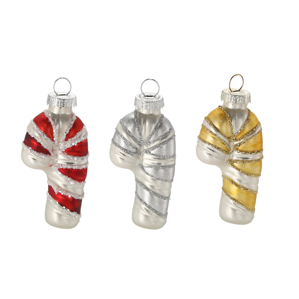 GLASS ORNAMENT - SMALL CANDY CANE MIXED COLORS RED-YELLOW-SILVER 3.8 X 2.2 X 7.5 CM