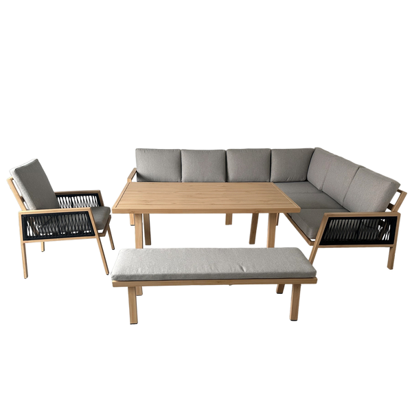 ZESTAW MEBLI ALUMINIOWYCH "OTTAWA" (SOFA NAROŻNA + ŁAWKA + STOLIK) BRĄZOWY + SZARE PODUSZKI