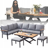 ALUMINIOVÝ TEAKOVÝ ZÁHRADNÝ NÁBYTOK (ROHOVÁ SOFA + STOL + 2 TABURETY) ANTRACITOVÁ + ŠEDÉ VANKÚŠE *0411