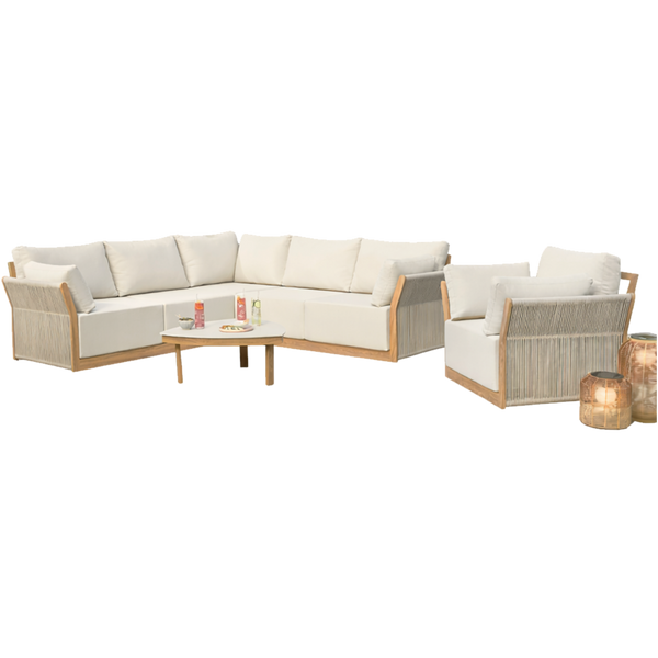 ZESTAW MEBLI OGRODOWYCH ALUMINIOWYCH (SOFA NAROŻNA + STÓŁ + FOTEL) BEŻOWY + BEŻOWE PODUSZKI