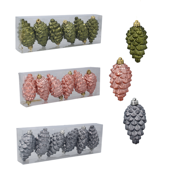 SET OF 6 CHRISTMAS ORNAMENTS CONE 9 CM OLIVE/COPPER/GRAPHITE