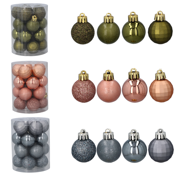 SET OF 20 BAUBLES 3 CM OLIVE/COPPER/GRAPHITE MIX DESIGNS