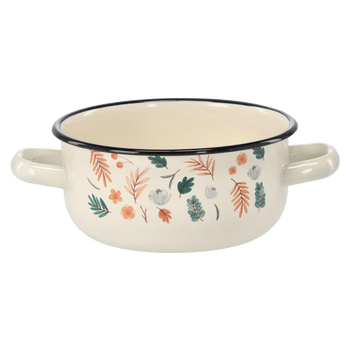 RONDEL EMALIOWANY Z DWOMA USZAMI 1,5 L 16 CM KREMOWY  LIŚCIE *2327