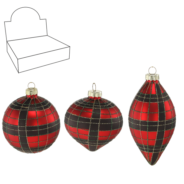 GLASS ORNAMENT - RED BLACK CHECKERED MIXED PATTERNS