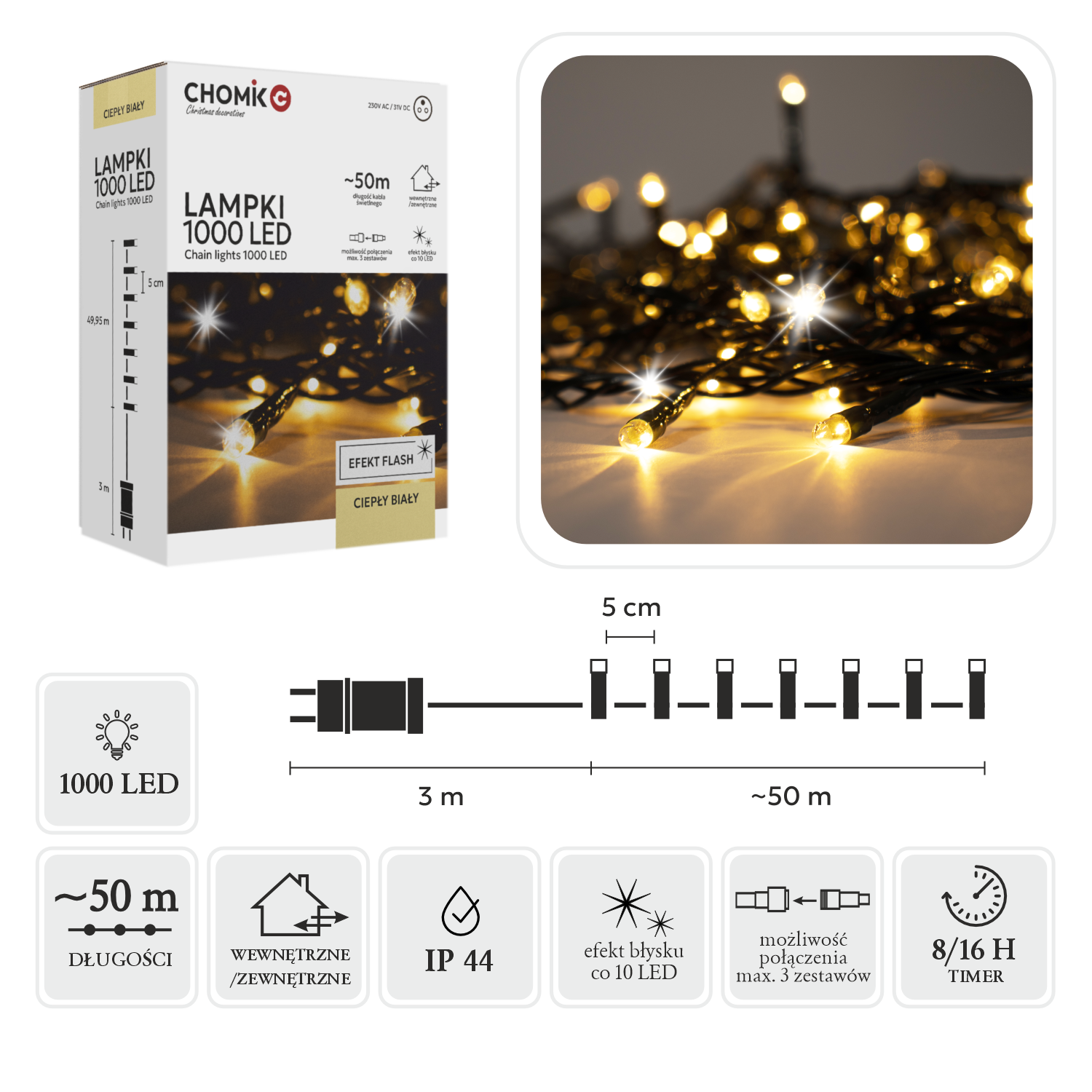 LAMPKI LED 1000L CIEPŁY BIAŁY + ZIMNY FLASH, DŁ. 3 + 50 M WEWN/ZEWN *9645