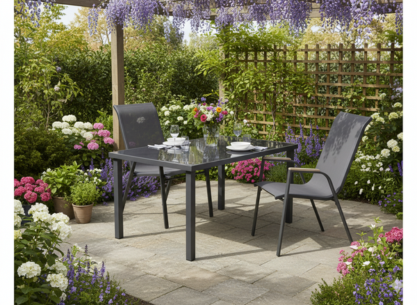 ALUMINIOWY STÓŁ OGRODOWY ZE SZKLANYM BLATEM 150 x 90 x 71 CM SZARY