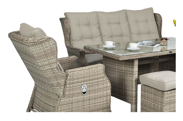 ZESTAW MEBLI OGRODOWYCH ALUMINIOWYCH RATTANOWYCH (SOFA + STÓŁ + 2 FOTELE + 2 PUFY) BRĄZOWY + BEŻOWE PODUSZKI