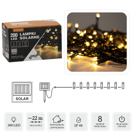 LAMPKI LED SOLARNE 200L CIEPŁY BIAŁY, DŁ. 2 + 20 M *9935