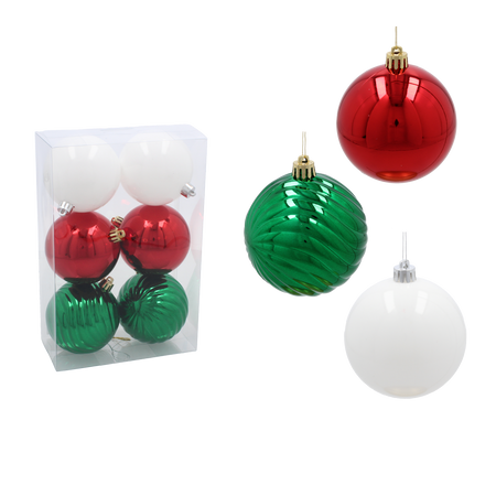 SET OF 6 BAUBLES 8 CM RED/GREEN/WHITE