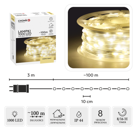 LAMPKI LED MICRO NA SZPULI 1000L CIEPŁY BIAŁY, DŁ. 3 + 100 M *8554