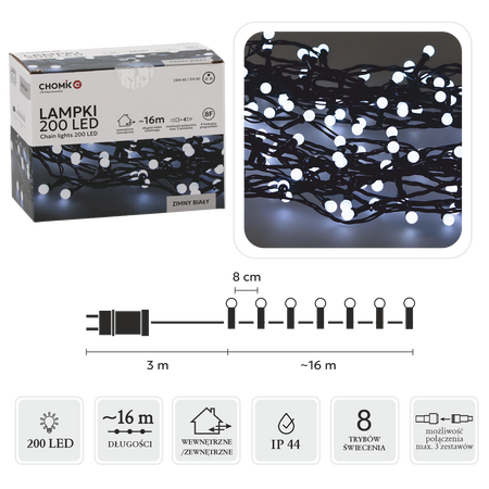 LAMPKI LED KULKI 200L ZIMNY BIAŁY, DŁ. 3 + 16 M *0153