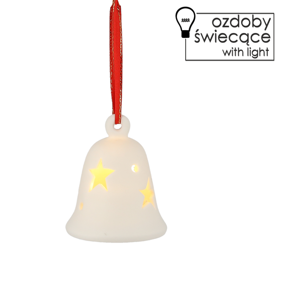 KERAMICKÁ FIGURKA - ZVONEK S PŘÍVĚSKEM BÍLÁ LED 8 CM balení=12ks *1457